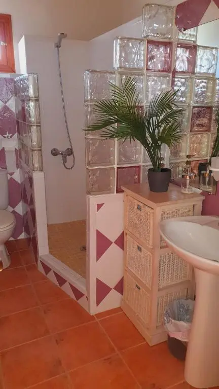 Badezimmer mit Glasbausteinen und bunten Fliesen